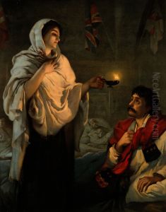 Laguerra de Crimea.Florence Nightingaley su lampara atendiendo a un paciente en su cama. Reproduccion delitografia en coloresde una pintura de Henrietta Rae tituladaMiss Nightingale at Scutari(1854). by Henrietta Rae