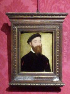 Personnage a barbe chatain, pourpoint noir a creves cerise, toquet noir