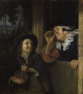 Young boy with a friction drum and an old woman thumbnail