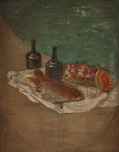 Stillleben Mit Obst, Baguette, Weinflaschen Und Glasern - view 1