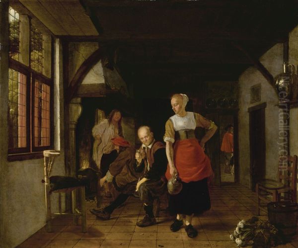 A Maid holding a Jug and Three Men by the Fire - view 1