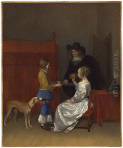Gentleman offering a glass of wine to a lady by Gerard Ter Borch