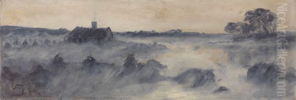 "De svaje Ror stak de flossede Dupper op i den violette Damp; og et lavt hus, hvis Yderveg var flettet av disse Ror, stak Taget op igennem Dampen" - view 1