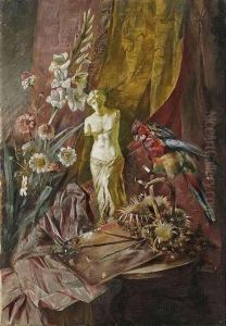 Still Life Withflowers, Artist's Palette, Parakeet And A Statuette Of Venus Demilo.