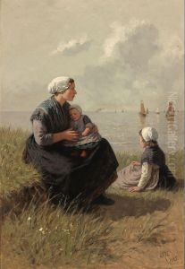 Fisherman's wife with children on a dune Fisherman's wife with children on a dune