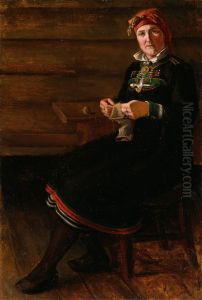 Sittende kvinne i Setesdals-bunad by August Schneider