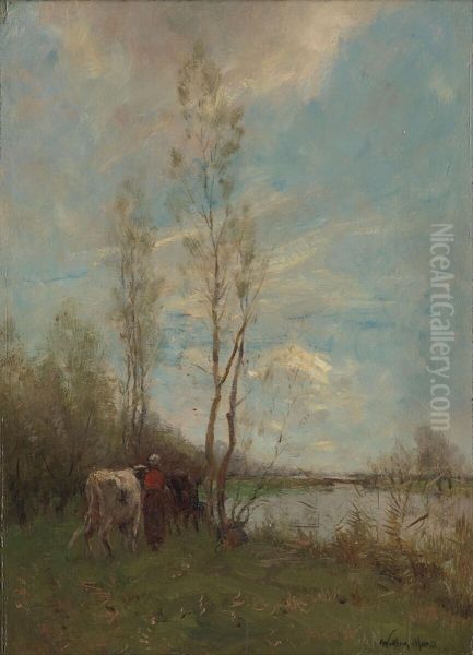 Farmer's Wife with Cattle near a Small River (Summer Day) - view 1
