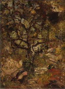 Arbre sur des rochers contre un soleil couchant