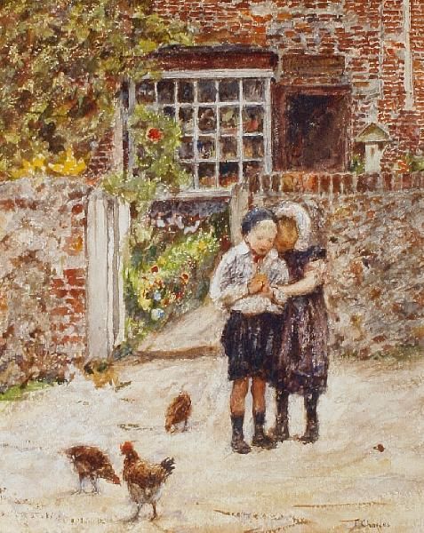 Children Feeding Chickens Outside Acottage - view 1