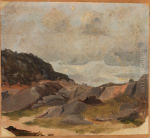 Fjellknauser mot gra skyhimmel by Adolph Tidemand
