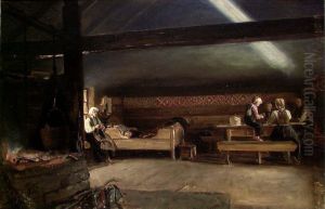 En krotet roykstue, Vikoy by Adolph Tidemand
