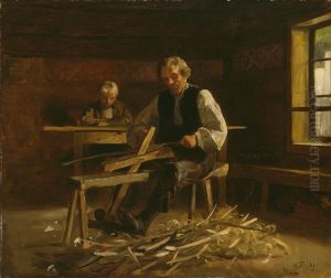 Interior from Vikoy with Farmer making Barrel Hoops by Adolph Tidemand