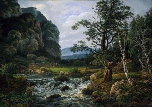 Mountain landscape with waterfall by Johan Wilhelm Ludwig Dahl