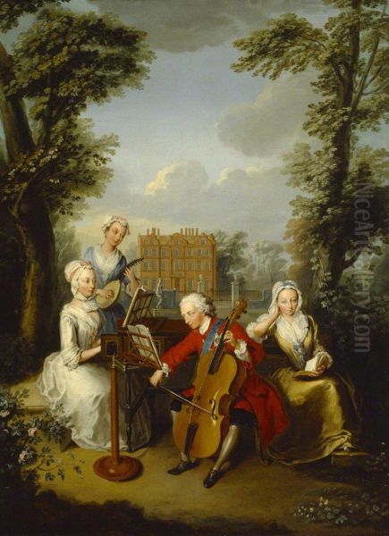 Frederick Louis (1707-1751), Prince of Wales, Accompanied by His Sisters, Anne (1709-1759), Caroline (1713-1757), and Amelia (1711-1786), Making Music at Kew - view 1