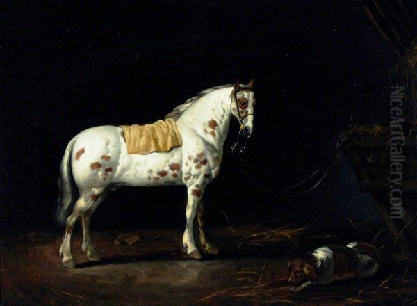 A Dappled Stallion with a Dog in a Stable - view 1