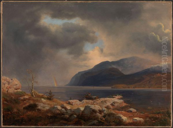 Norsk fjordlandskap med regnbue - view 1