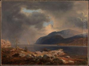 Norsk fjordlandskap med regnbue