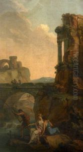 Landscape with a Bridge and Ruins with Peasants Fishing (a set of six decorative wall panels) Landscape with a Bridge and Ruins with Peasants Fishing (a set of six decorative wall panels)
