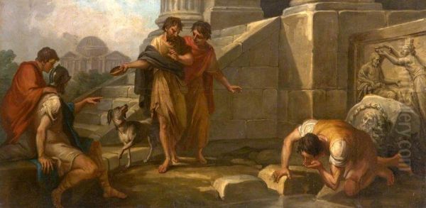 Diogenes Casting Away His Wooden Bowl as a Superfluity, on Seeing a Youth Drinking from His Hand (a set of three decorative wall panels) - view 1