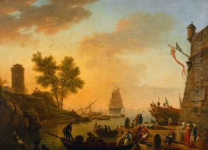 Harbour Scene with Boats being unloaded and Spectators
