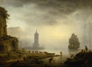 A Port in Mist - Fishermen hauling in their Boat by Joseph Vernet