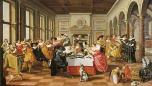 Elegant gezelschap in een paleisachtige ruimte