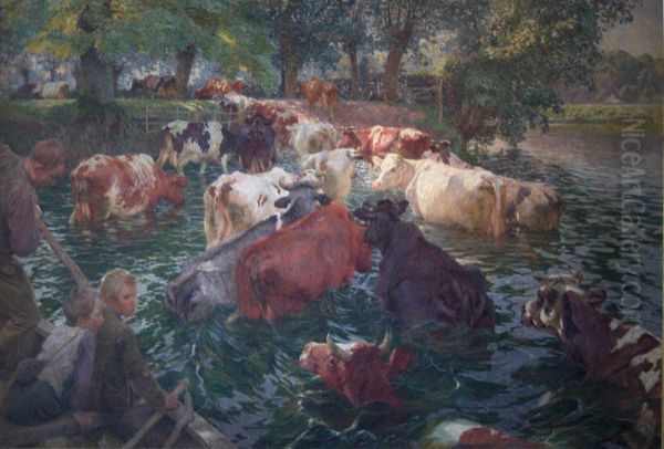Cows crossing the Lys River - view 1