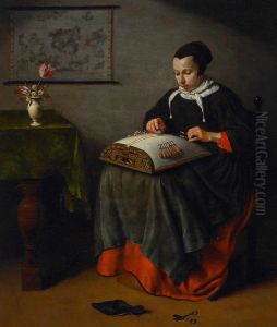 Interieur met kantklossende jonge vrouw
