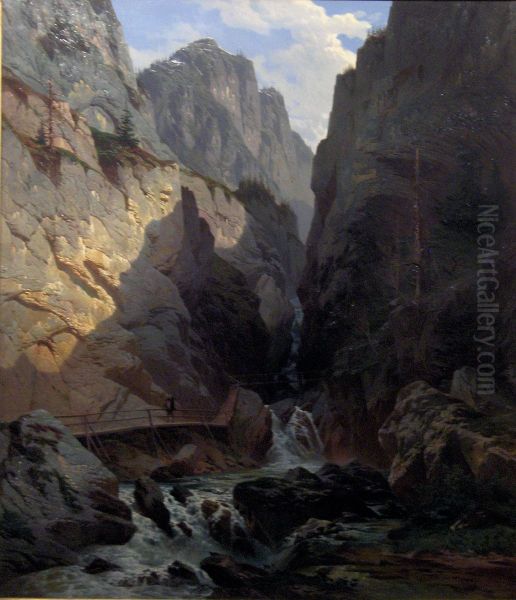 Narrow pass and mountain river at Kesselbach, Bavaria - view 1