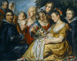 Group portrait with Jacob Jordaens I (1593-1678) , Catharina van Noort (1595-1659) and the Van Noort family by Jacob Jordaens