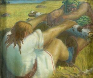 ,,Kalevipoeg ja Sorts vagikaigast vedamas" by Aleksander Mulber