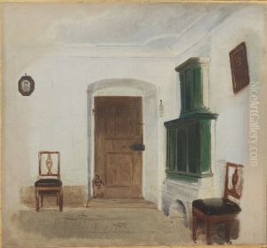 Interieur mit grunem Kachelofen
