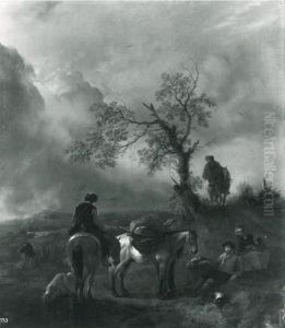 Landscape with peasants resting by Philips Wouwerman