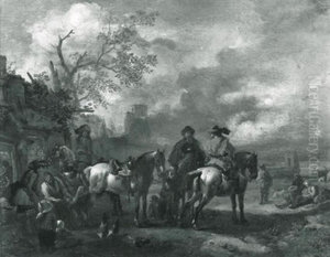 Landscape with horsemen at a blacksmith Landscape with horsemen at a blacksmith