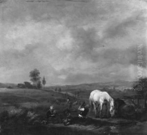 Landscape with resting farmers by Philips Wouwerman