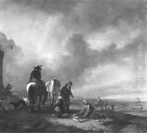 Landscape with woman selling fish by Pieter Wouwerman