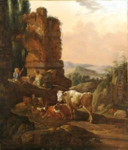Southern landscape with shepherdess and cattle at a ruin Southern landscape with shepherdess and cattle at a ruin