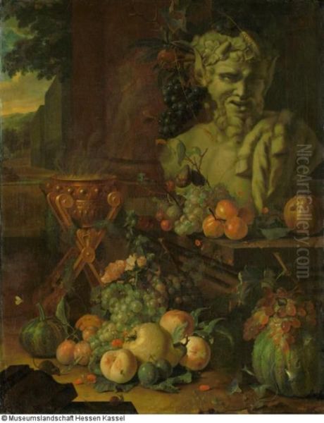 Fruit piece with a satyr bust and a smoke pot - view 1