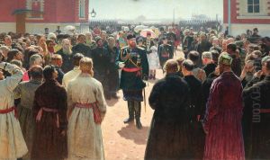 Aleksander III receiving rural district elders in the yard of Petrovsky Palace in Moscow. by Repin Iliya