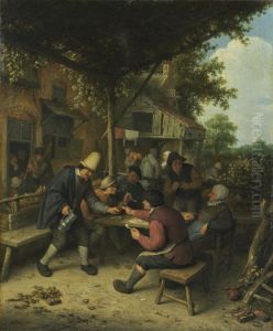 Peasants in front of a tavern, smoking and playing cards by Adriaen van Ostade