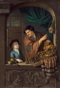 Old woman selling chestnuts and red herring by Frans van Mieris