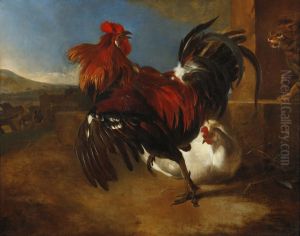 Hoenderhof met opgeschrikte haan by Melchior D'Hondecoeter