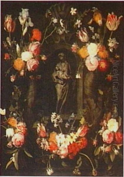 Garland of flowers around grisaille of Maria and Child - view 1