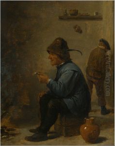 A man holding a pipe sitting before a fire in a tavern, a man peeing in the corner A man holding a pipe sitting before a fire in a tavern, a man peeing in the corner