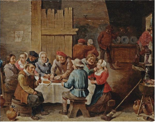 Peasants eating and drinking in an interior - view 1