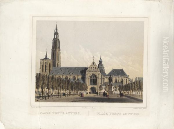 Zicht op het beeldhouwwerk van Rubens en de kathedraal van Antwerpen, gezien vanaf de Groenplaats - view 1
