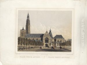 Zicht op het beeldhouwwerk van Rubens en de kathedraal van Antwerpen, gezien vanaf de Groenplaats Zicht op het beeldhouwwerk van Rubens en de kathedraal van Antwerpen, gezien vanaf de Groenplaats