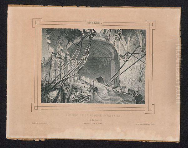 Het puin van de Beurs van Antwerpen, langs de kant van de bank, onder de gaanderij - view 1