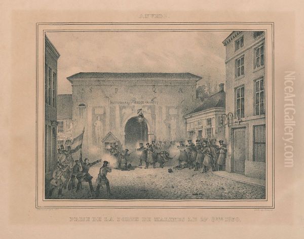 Het innemen van de Mechelse Poort (of Sint-Jorispoort) te Antwerpen op 27 oktober 1830. - view 1