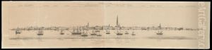 Panoramische zicht van de stad en de rede van Antwerpen vanuit het Vlaams Hoofd (Linkeroever) by Paul Lauters
